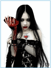 Evil girl holding a bloody heart in her hand with hypnotic look in this stroboscopic flashing animated gif