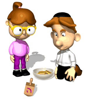 Little boy and girl spinning a Dreidel playing for chocolate gelt in this clip art animation