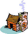 Animated log cabin moving clip art with smoking fireplace chimney