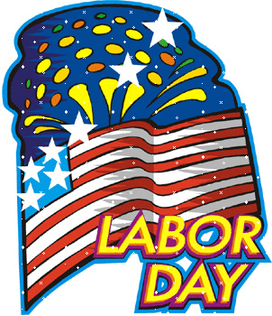 Artsy animated Labor Day clip art with American flag and fireworks