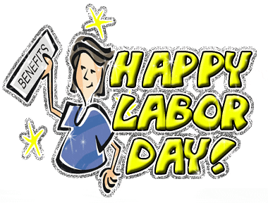 Happy Labor Day, glitter animation of a worker with benefits