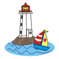 Animated sailboat in water by lighthouse
