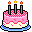 Little tiny pink animated birthday cake icon with candles burning