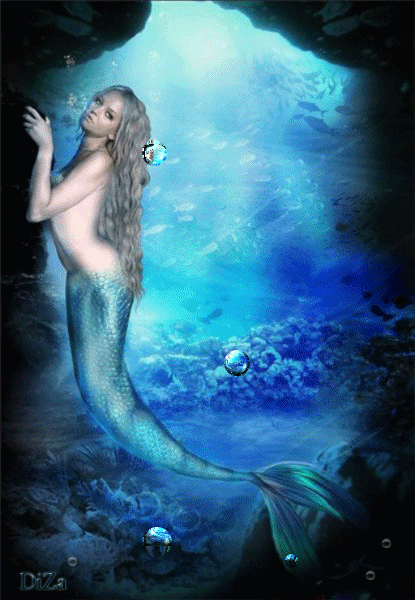 Pretty animated Mermaid hanging out in an undersea cave with rippling water
