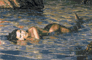 Mermaid lying in the surf soaking up a little rain in an animated picture that moves