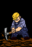 Moving animated picture of miner swinging a pick axe digging a hole in the ground