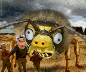 Jay Leno and two kids running from a great big huge monster giant hungry wasp with big teeth and mad cow eyes running after them for lunch