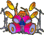 Animated gif image of a small drummer playing a large drum set 