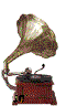 Animated gramophone with a throbbing horn to suggest it is emanating sound or music