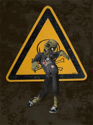 OK, let's shuffle off to Buffalo, moving picture of zombie character walking in front of a caution sign