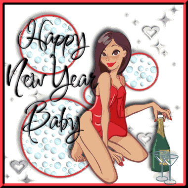 Animated Happy New Year girl in red negligee with champagne ready to party