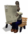 Cartoon animation of a guy on park bench reading newspaper
