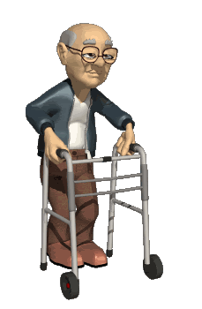 3D gif animation of a guy with glasses using a walker 