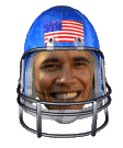 Animation showing President Obama decked out in a football helmet sporting an American flag