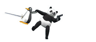 Spammers beware, If the Panda didn't get ya, the Penguin will.Animated Panda with a gun swinging around a Penguin with a sword