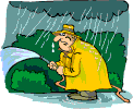 Cartoon animation of a man obsessed with having a nice green lawn watering the grass in the pouring rain