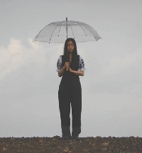 Animation of girl spinning umbrella over her head
