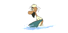Animated gif of sailor in the water watching a shark swim around