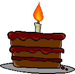 Animated clip art of a single slice of chocolate cake with one lit birthday candle