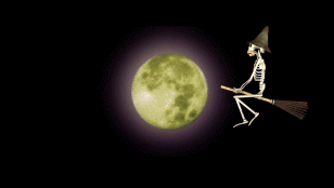 nimated skeleton  wearing a witch's hat flying around on a borrowed witches broom in front of a full moon