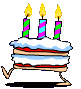 Moving clip art picture of a slice of birthday cake with little feet walking along with three lit candles