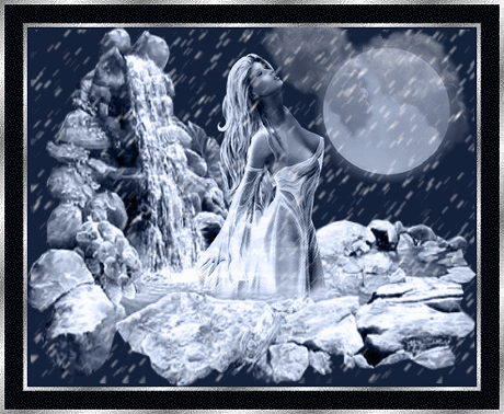Sexy animated girl in negligee in snow by waterfall