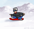 Animated snowboard rider moving quickly down snow covered slopes