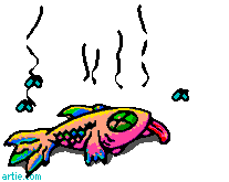 Smelly stinky dead animated fish with flies