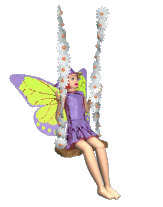 Cute little animated fairy in a purple dress with green wings on a swing