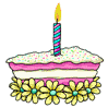 Slice of birthday cake with flower decorations and one single candle burning
