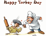 Happy Turkey Day cartoon animation, chef whacks turkey on the head with frying pan then turkey smacks chef with a rolling pin 
