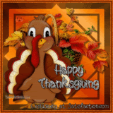 Small square Happy Thanksgiving animation with turkey flashing it's eyes
