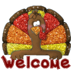 Glittering animated turkey holding a Welcome sign