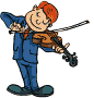 Animated icon of little man in a blue suit playing violin