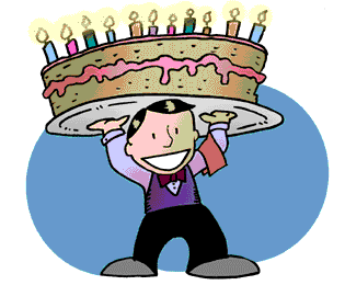 Clip art image of a waiter in a restaurant holding a huge birthday cake over his head with lots of burning candles flickering