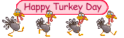 Four cartoon turkeys walking and gobbling in front of a Happy Thanksgiving sign