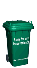 Animated gif of a long stemmed rose rising from recycling can with message "Sorry for any inconvenience"