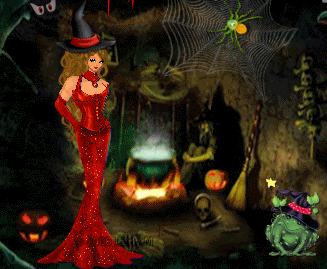 Bewitching witch in a slinky red dress ready to jump on her broom and go haunting with the girls