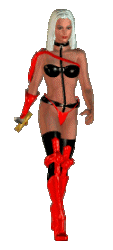 Moving animated girl in red and black leather bikini walking toward you